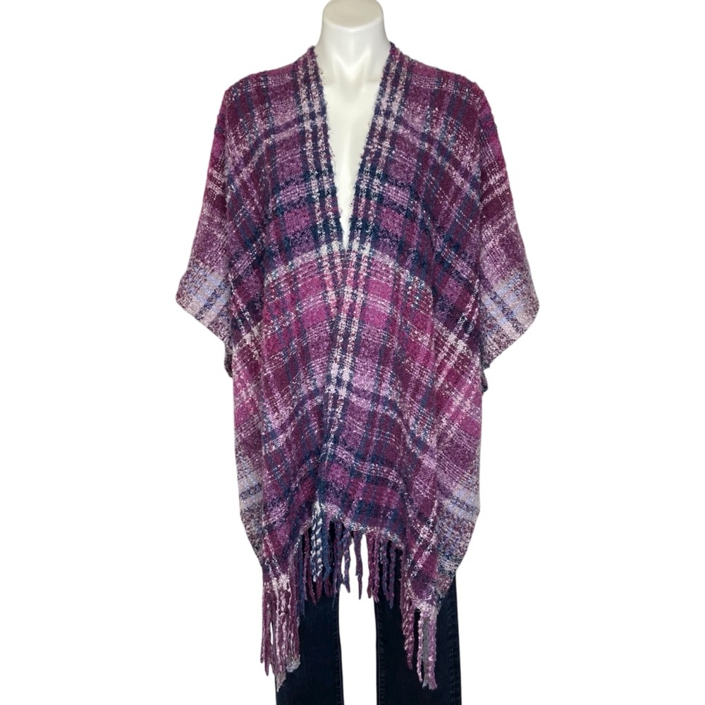 3/$20 WOOLRICH Poncho Open Cardigan Sweater Coverup with Fringe Plaid One Size